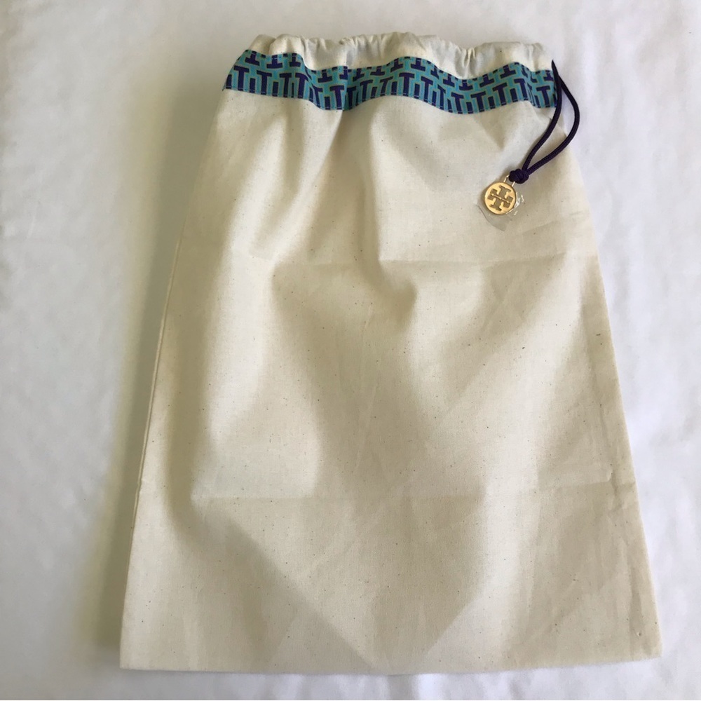 Tory Burch Canvas Drawstring Dust Bag 12x15 Blue Trim Gold Logo Charm Storage